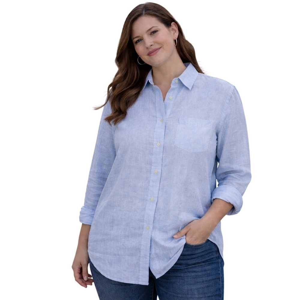 Burberry Linen Button Down Shirt Women Sz 3 Blue Long Sleeve Luxury Designer